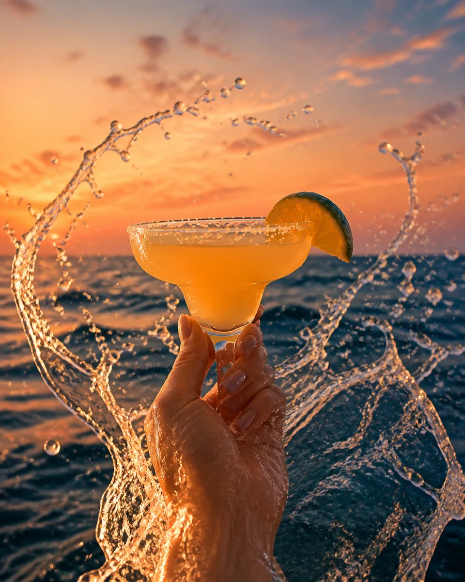 Χρυσό cocktail μέσα σε πιτσιλιές νερού μπροστά από τη θάλασσα στο ηλιοβασίλεμα.
